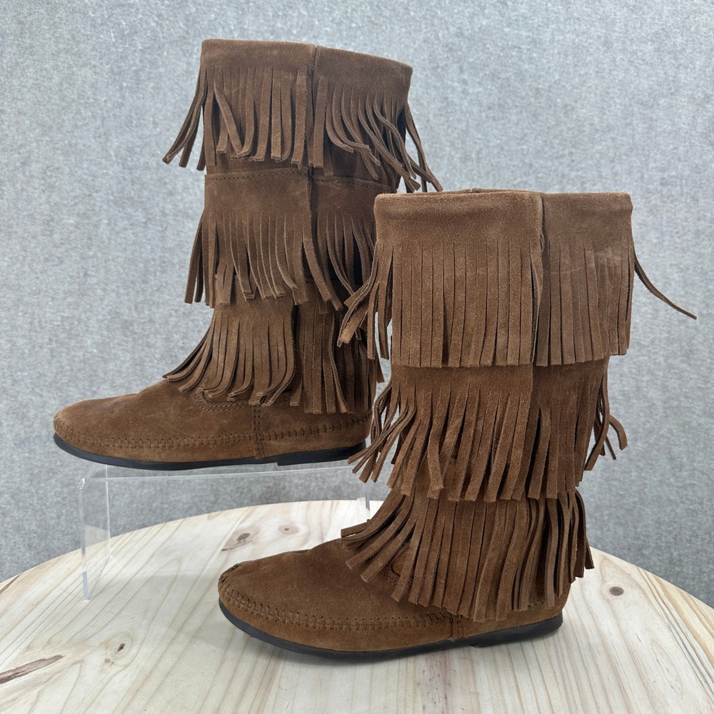 Minnetonka 3-Layer Fringe Boots Womens 7 Brown Suede Moccasin 1632